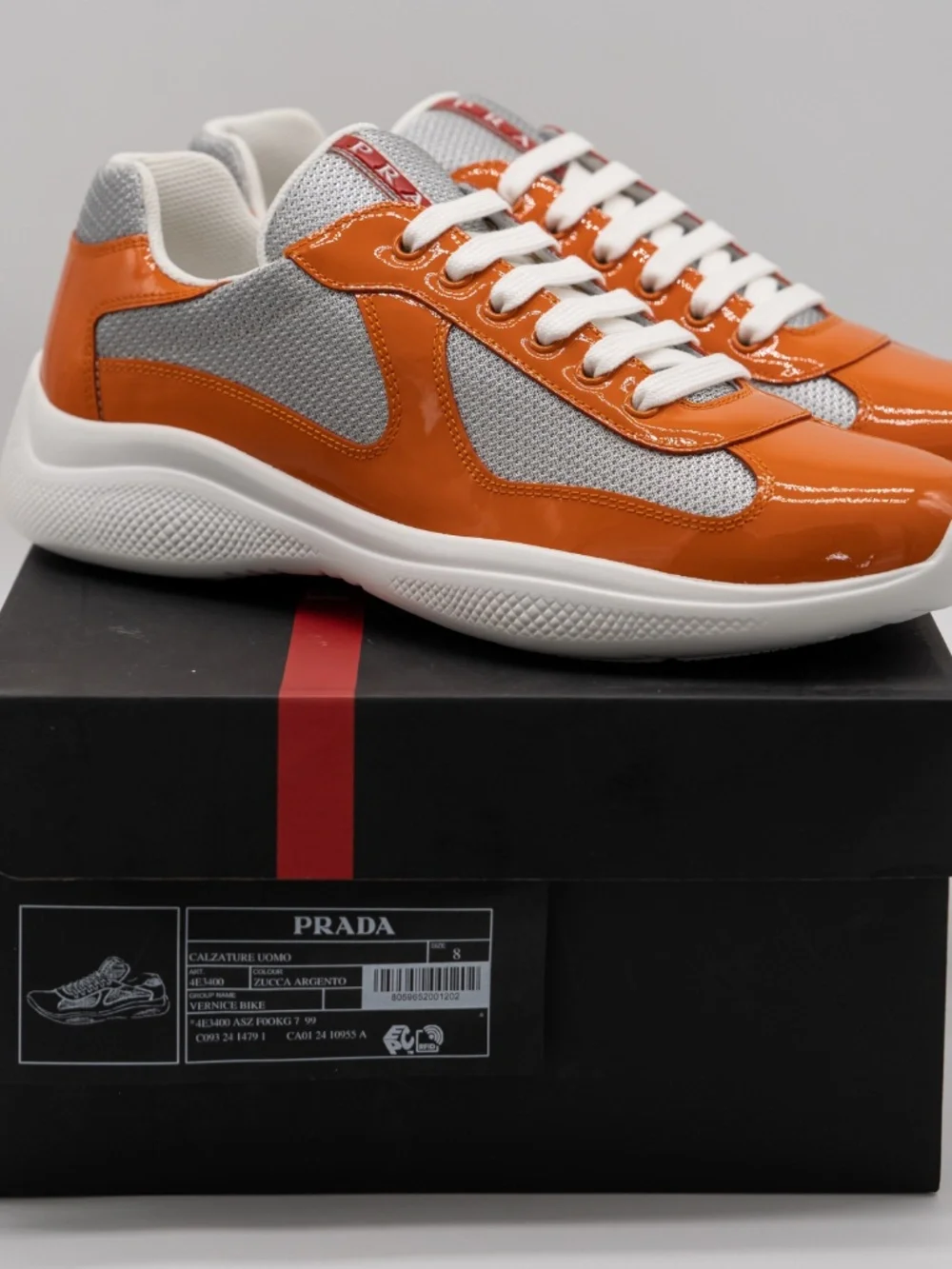 Prada America's Cup Men's Sneakers Orange Patent Leather Silver Fabric 8uk 9 US